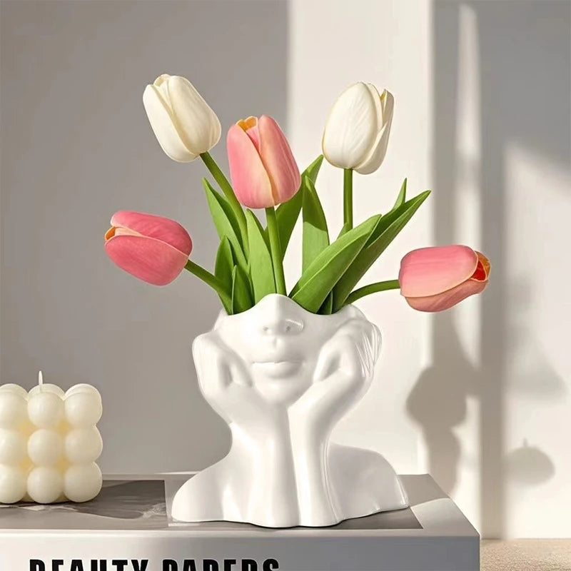 White Vinyl Face Vase Boho Minimalism Decorative Modern Nordic Flower Vases for Home Living Room Office Book Shelf Decor