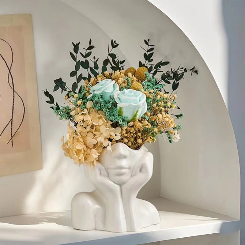 White Vinyl Face Vase Boho Minimalism Decorative Modern Nordic Flower Vases for Home Living Room Office Book Shelf Decor