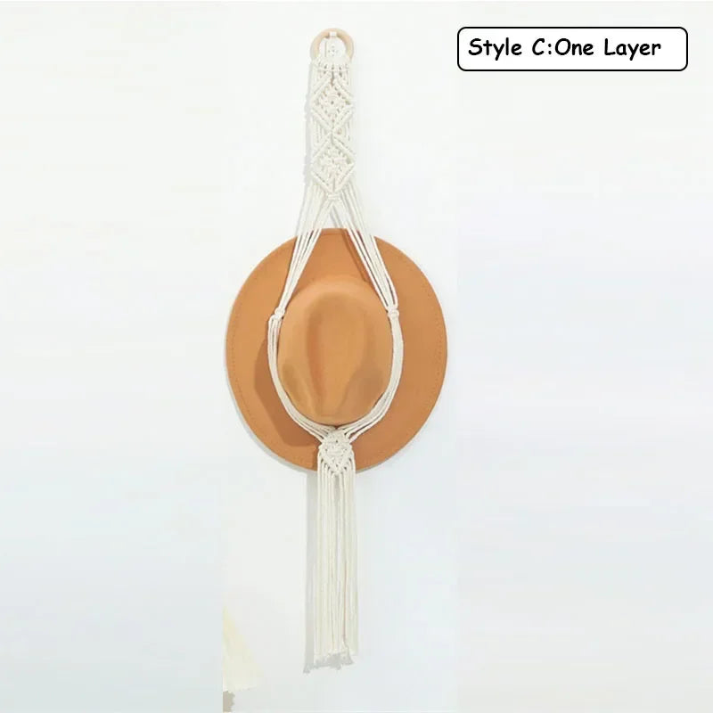 Nordic Style Boho Cotton Hanging Caps Holder Organizer Display Hat Scarf Organizer Rack Macrame Tapestry Hat Hanger Wall Storage