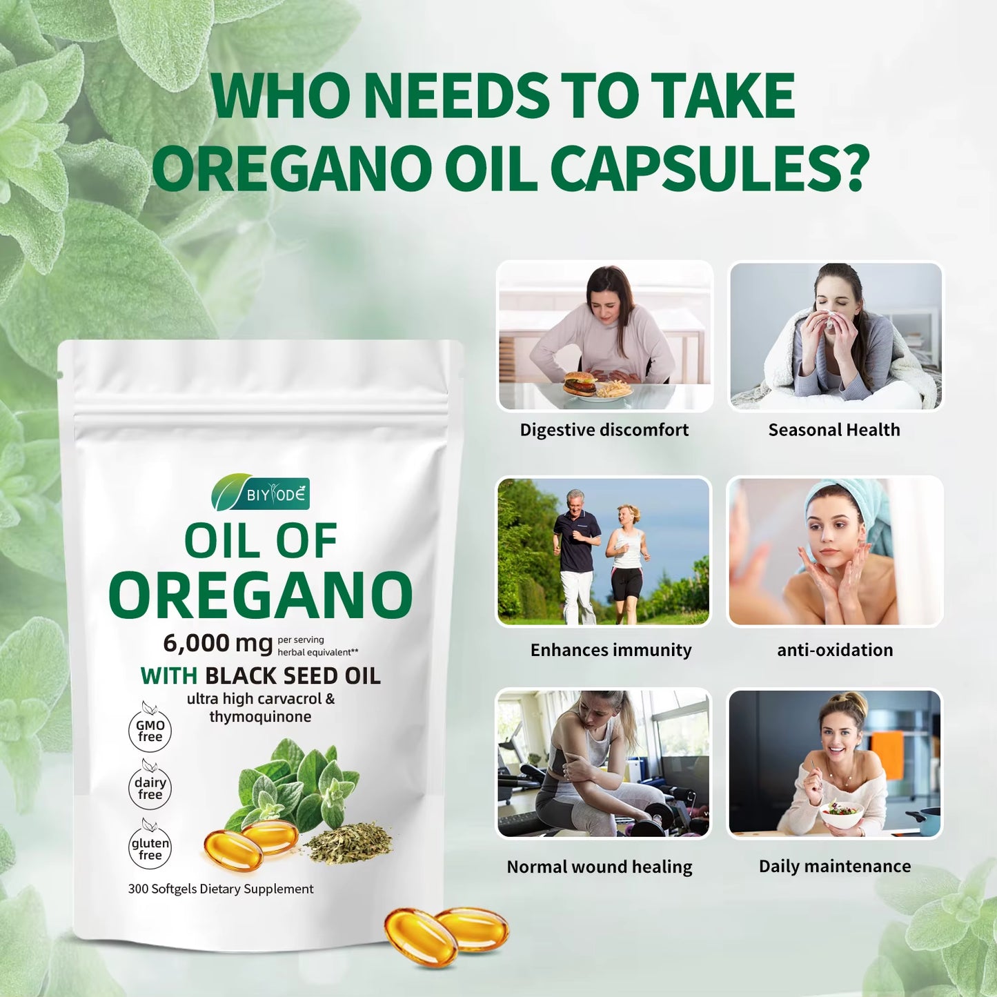 2 in 1 Oil of Oregano Softgels 6000Mg & Black Seed Oil 200Mg Supplement Capsules Health Benefits 300 Softgels per Bottle