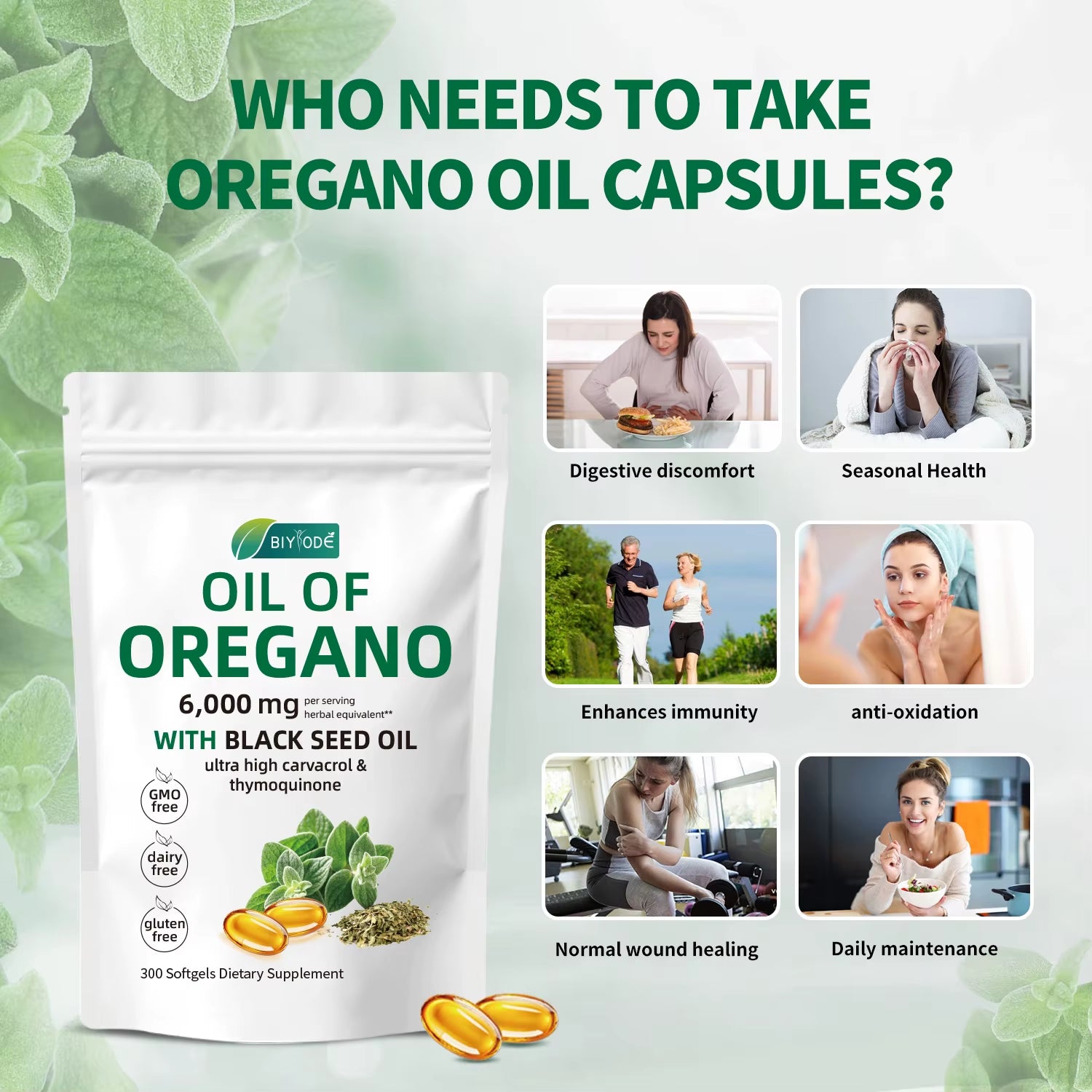 2 in 1 Oil of Oregano Softgels 6000Mg & Black Seed Oil 200Mg Supplement Capsules Health Benefits 300 Softgels per Bottle