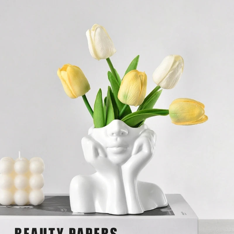 White Vinyl Face Vase Boho Minimalism Decorative Modern Nordic Flower Vases for Home Living Room Office Book Shelf Decor