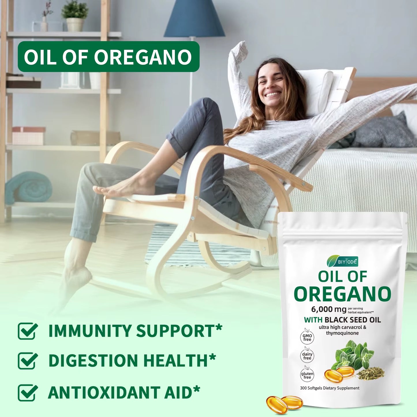 2 in 1 Oil of Oregano Softgels 6000Mg & Black Seed Oil 200Mg Supplement Capsules Health Benefits 300 Softgels per Bottle