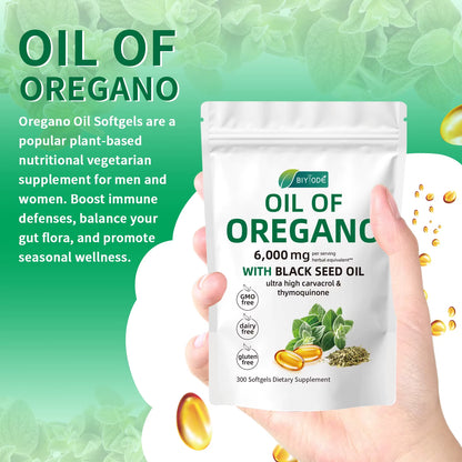 2 in 1 Oil of Oregano Softgels 6000Mg & Black Seed Oil 200Mg Supplement Capsules Health Benefits 300 Softgels per Bottle