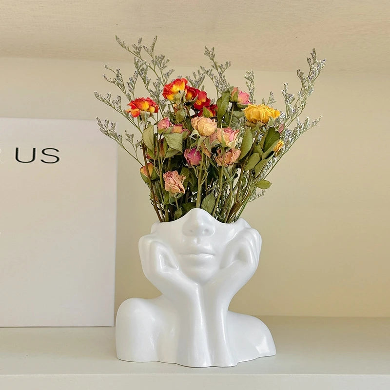 White Vinyl Face Vase Boho Minimalism Decorative Modern Nordic Flower Vases for Home Living Room Office Book Shelf Decor