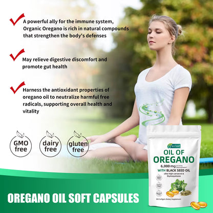 2 in 1 Oil of Oregano Softgels 6000Mg & Black Seed Oil 200Mg Supplement Capsules Health Benefits 300 Softgels per Bottle