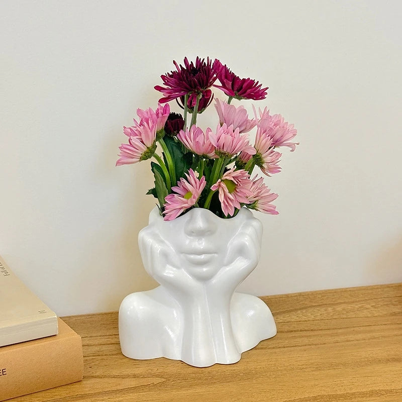 White Vinyl Face Vase Boho Minimalism Decorative Modern Nordic Flower Vases for Home Living Room Office Book Shelf Decor