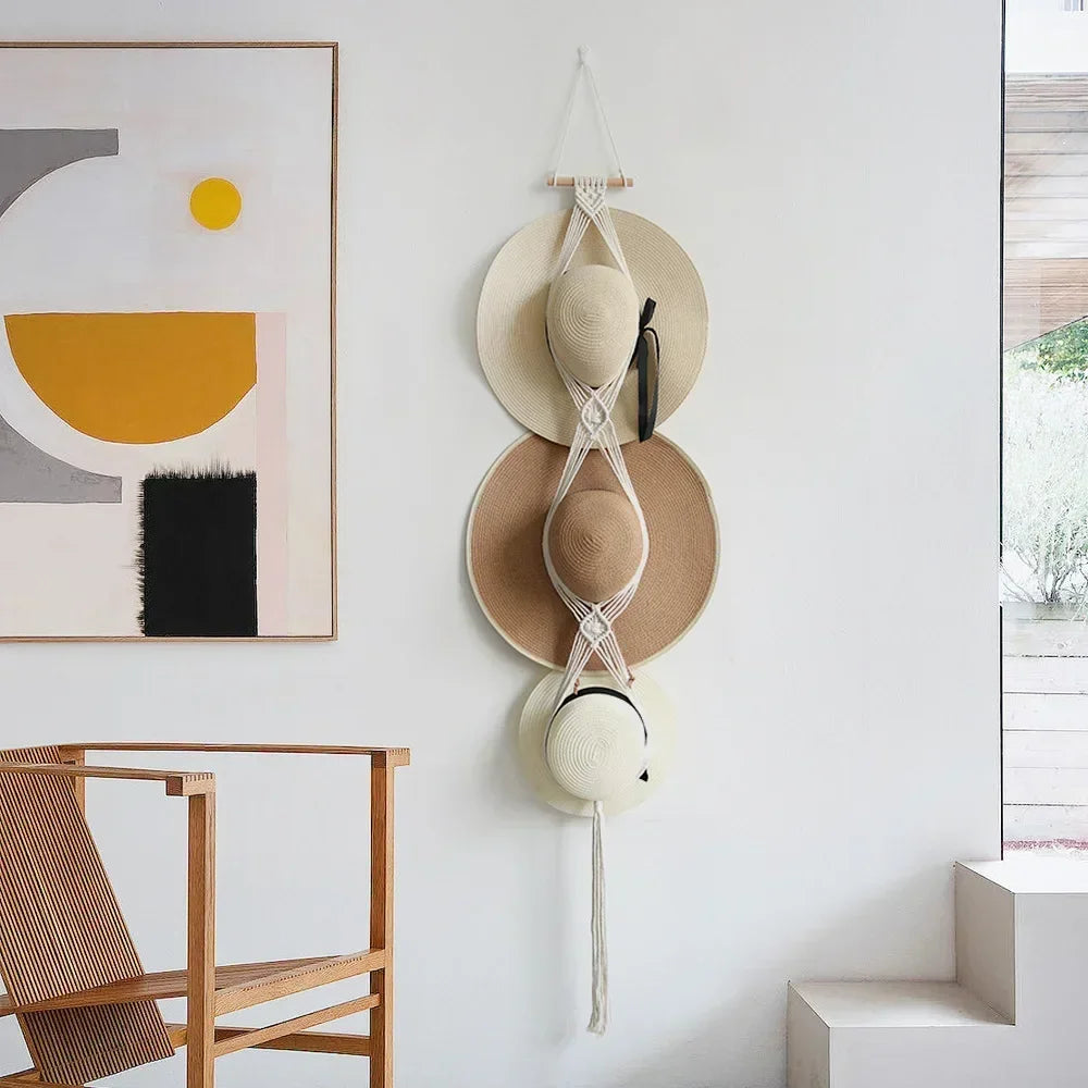 Nordic Style Boho Cotton Hanging Caps Holder Organizer Display Hat Scarf Organizer Rack Macrame Tapestry Hat Hanger Wall Storage